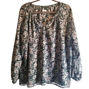 CABI Forrest green floral BOHO sheer flowy Blouse Top Women's S Cottage Casual